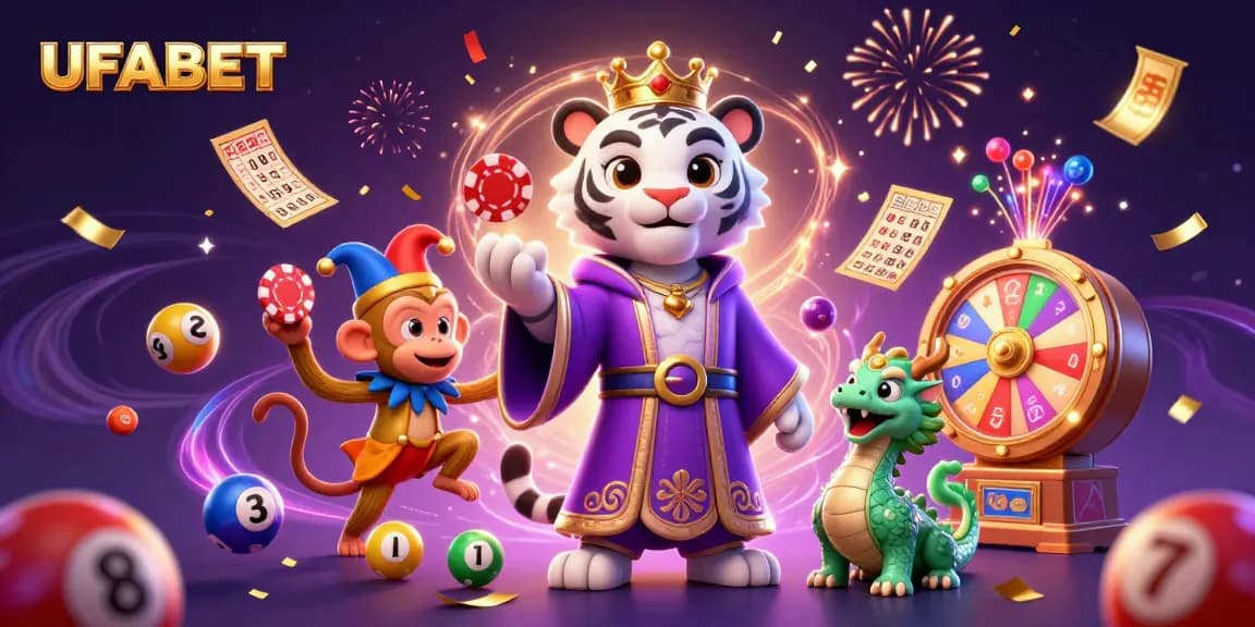 Play and win at UFABET with a colorful 3D illustration featuring dynamic lottery elements.