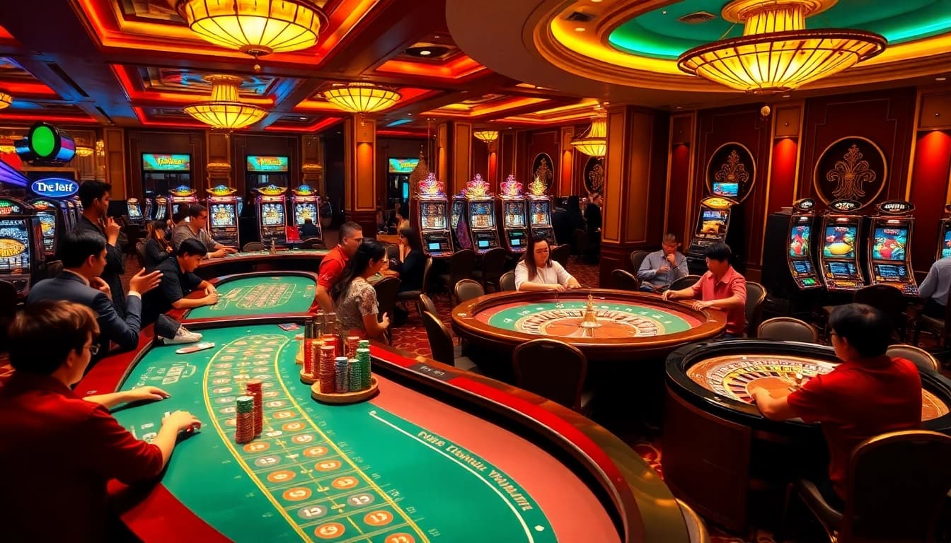 Exciting gameplay at Nhà Cái DEBET featuring vibrant casino tables and energetic gamblers.