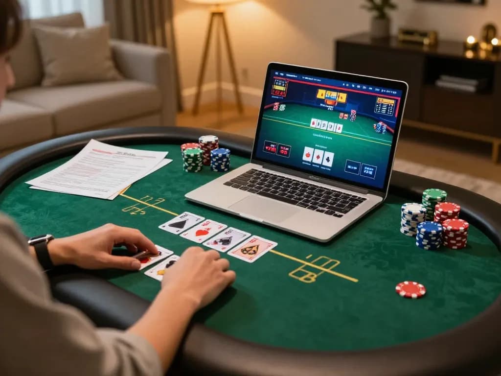 Engaging in online poker at home with five88 setup, showcasing strategy notes and vibrant game visuals.