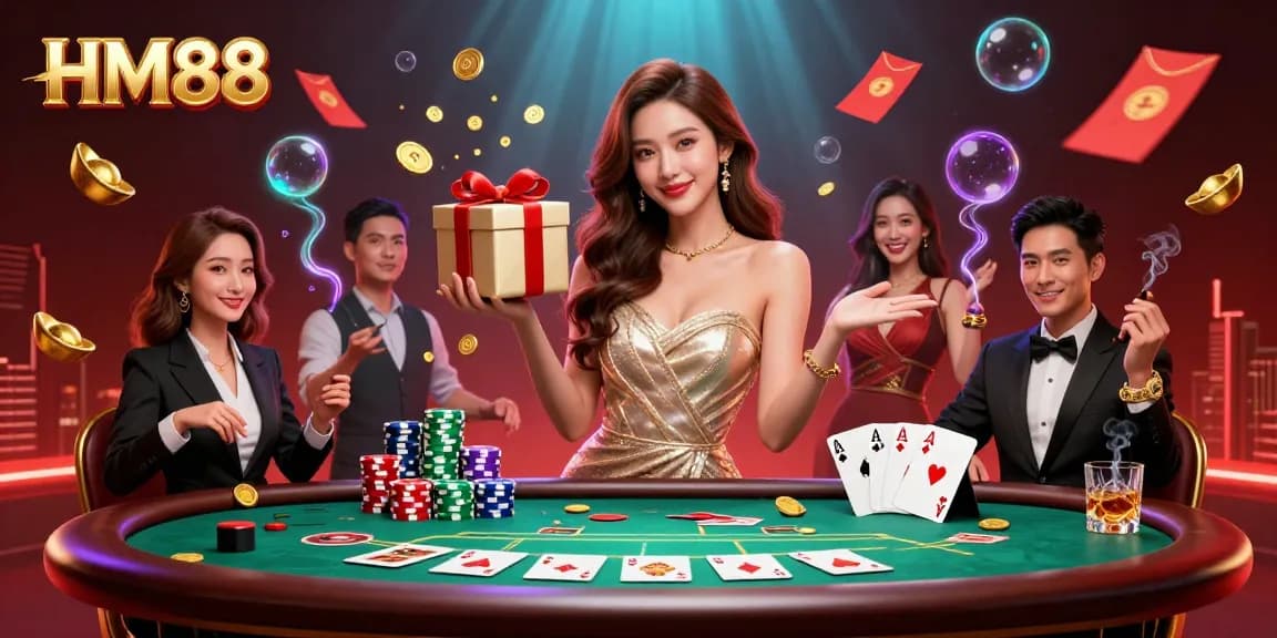 Experience winning with HM88 in a vibrant casino scene filled with festive elements and game excitement.