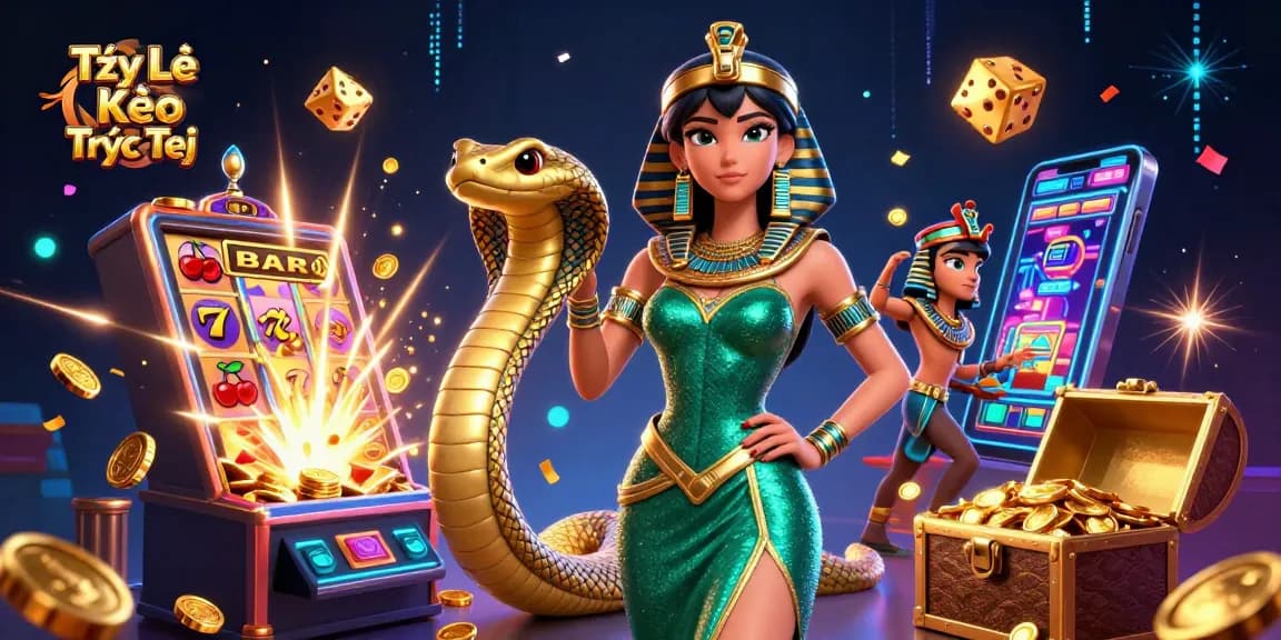 Engage with Tỷ Lệ Kèo Trực Tiếp by exploring a vibrant casino scene of a woman and golden cobra.
