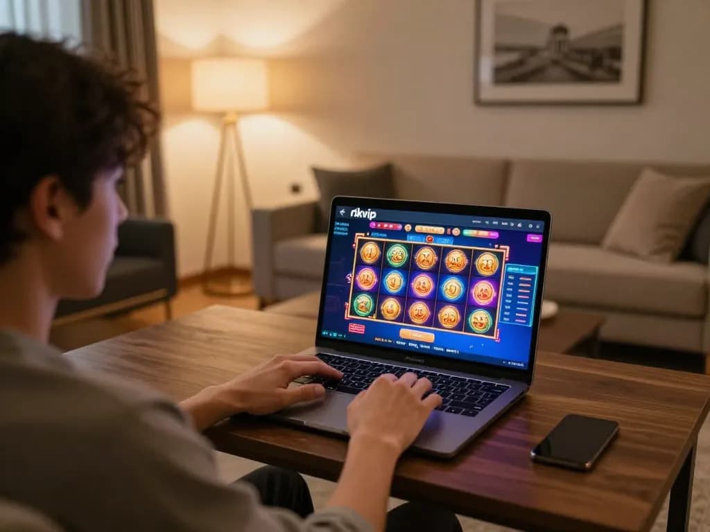 Engaging with rikvip's online casino platform on a stylish laptop at home, showcasing vibrant slot game action