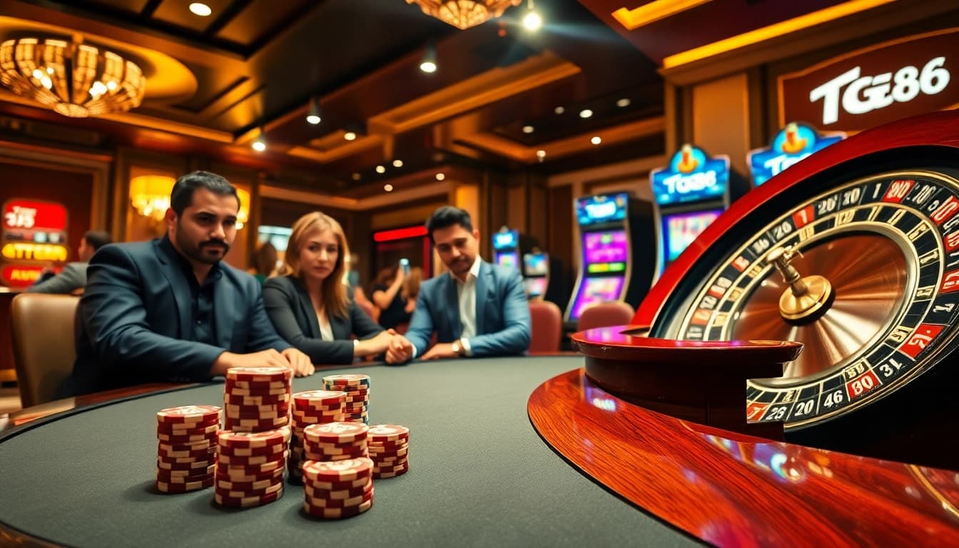 Professional gamblers placing strategic bets with TG88 branded poker chips and spinning roulette wheel