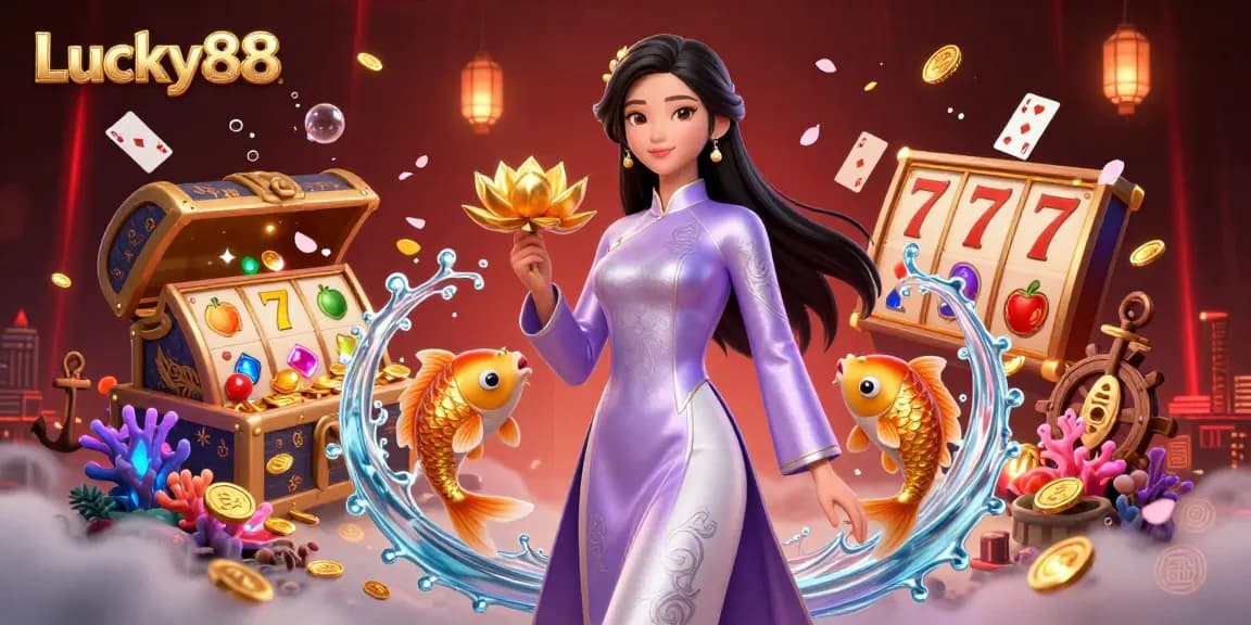 Experience the excitement of Lucky88 with vibrant slot machines and golden koi surrounded by treasures.