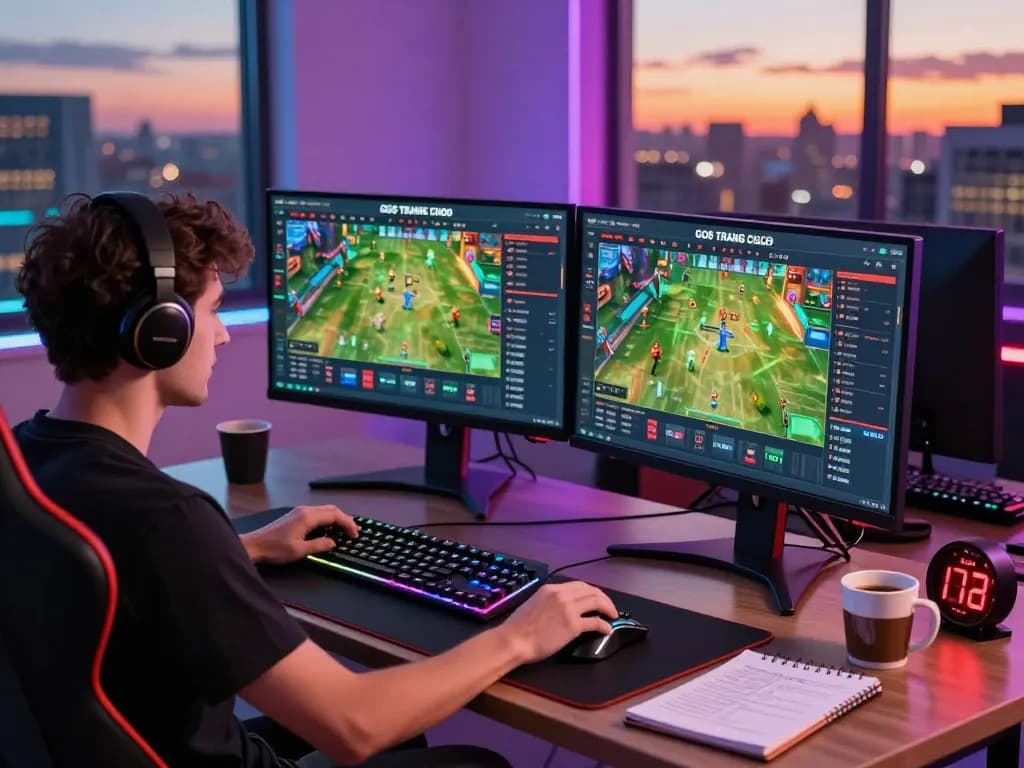 Exciting atmosphere of a player engaging with the GO8 TRANG CHỦ online gaming platform, highlighting a vibrant setup with dual monitors, gaming gear, and city backdrop.