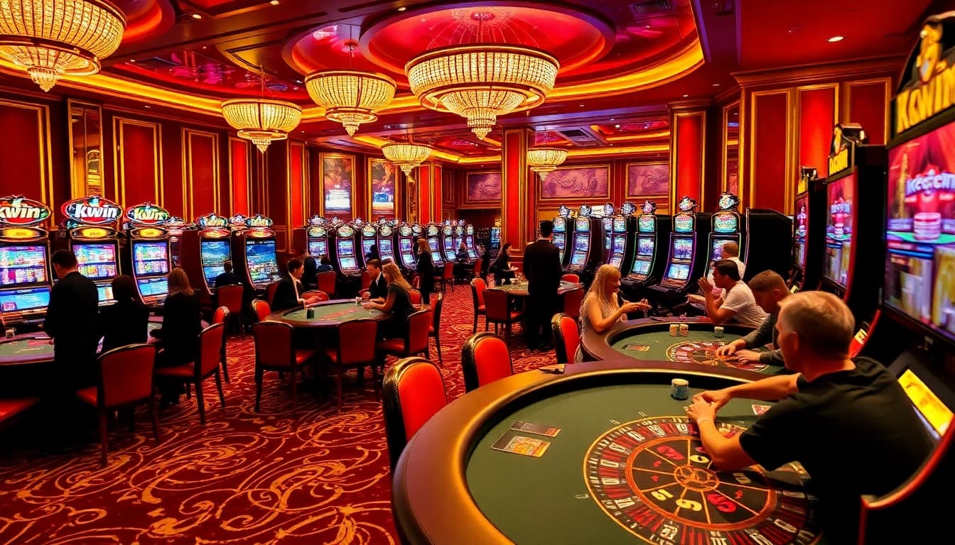 Experience thrilling games at kkwin casino, featuring poker tables, colorful slots, and elegant decor.