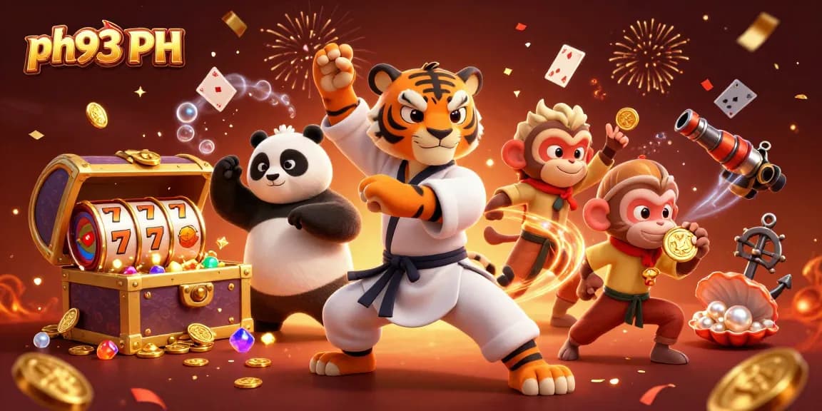 Play exciting games at ph33 PH, featuring a dynamic scene with slot reels and animated characters.