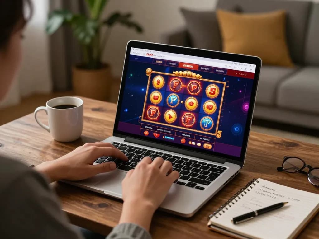 sunwin online gaming experience with vibrant slot games on a laptop, person engaging in home setup