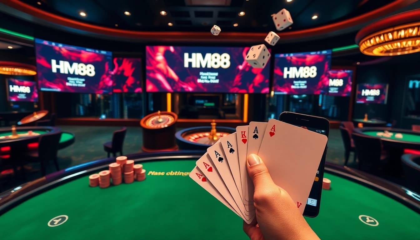 HM88 online betting interface displaying advanced live poker game odds and professional casino chips stack