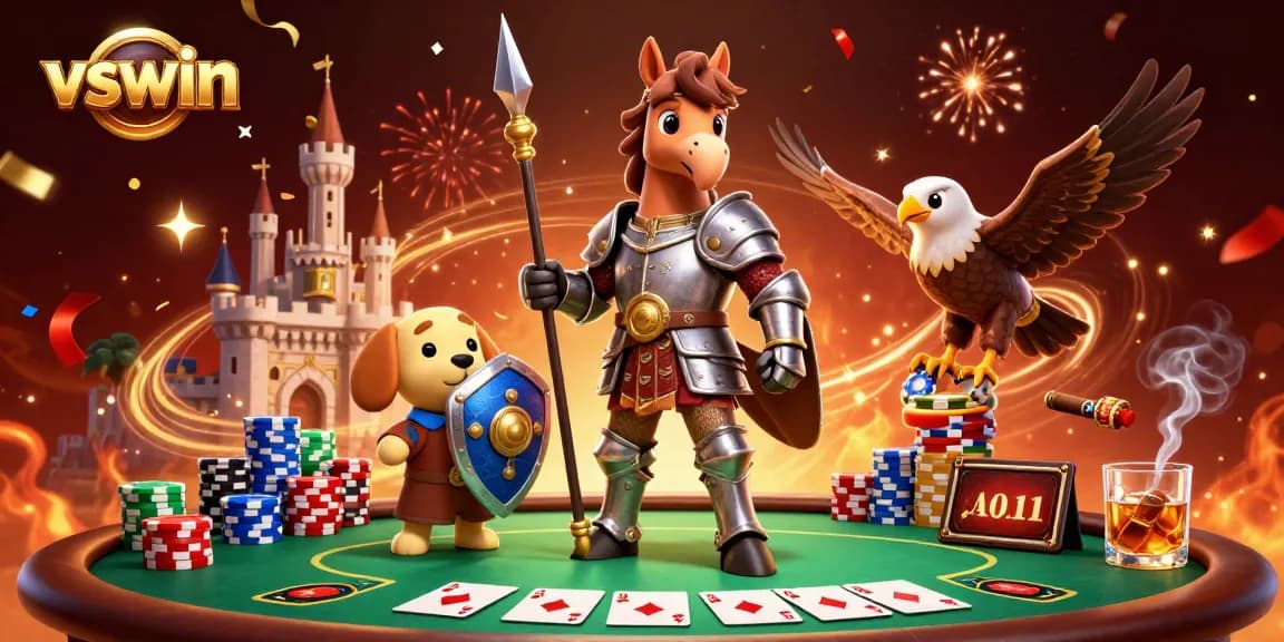Join the excitement at vswin with a dynamic poker game scene featuring knights and playful characters.