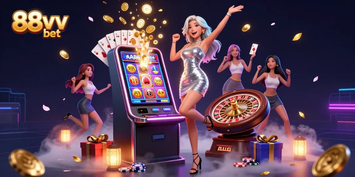 Celebrate big wins at 88vv bet with vibrant casino action featuring a jackpot scene and colorful gameplay elements.