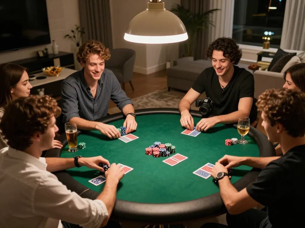 Players enjoying a strategic poker night at home with 577F-themed decor