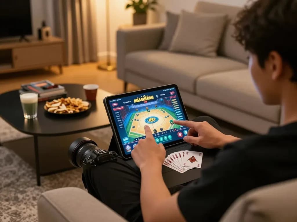 Engaging with top game bài đổi thưởng on a tablet during a cozy home gaming session