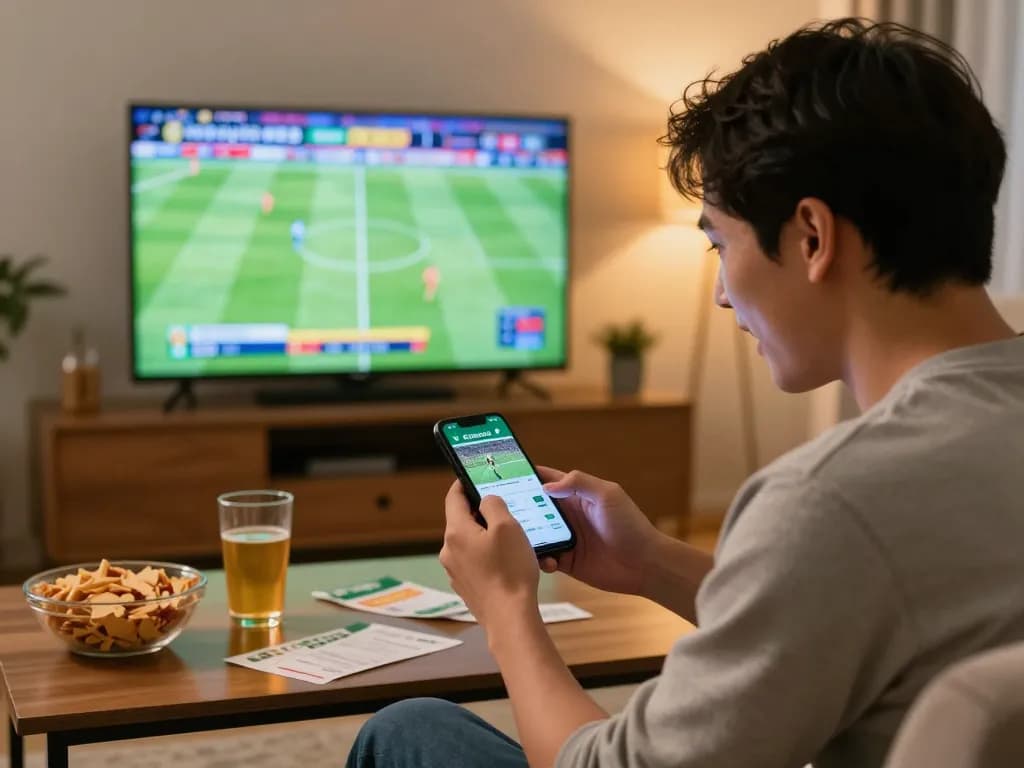 Betting enthusiast checking kèo nhà cái on smartphone while watching live football match
