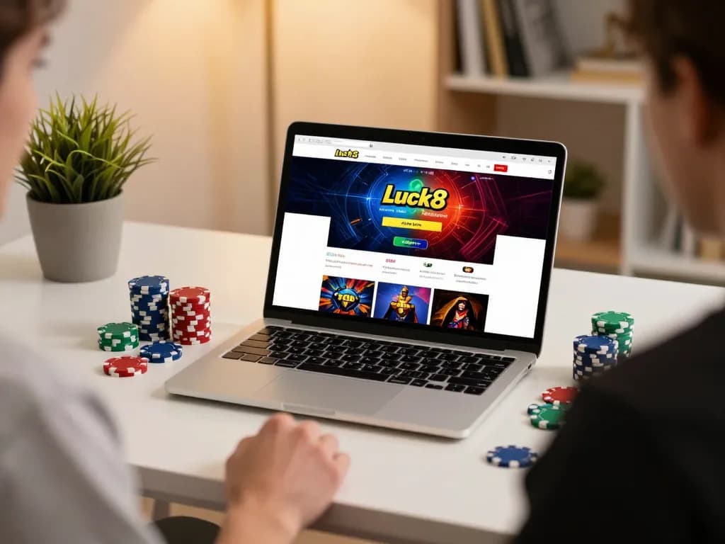 Engaged player using Luck8 online casino on laptop, showcasing vibrant gaming setup.