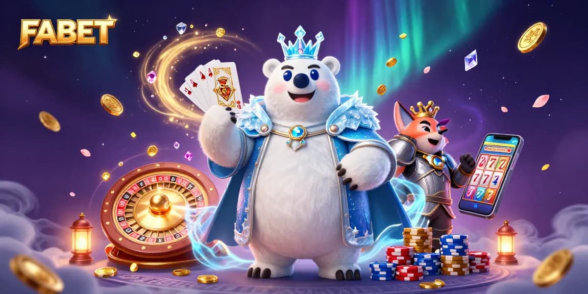 FABET showcases thrilling casino moments with 3D characters amidst coins and gems.