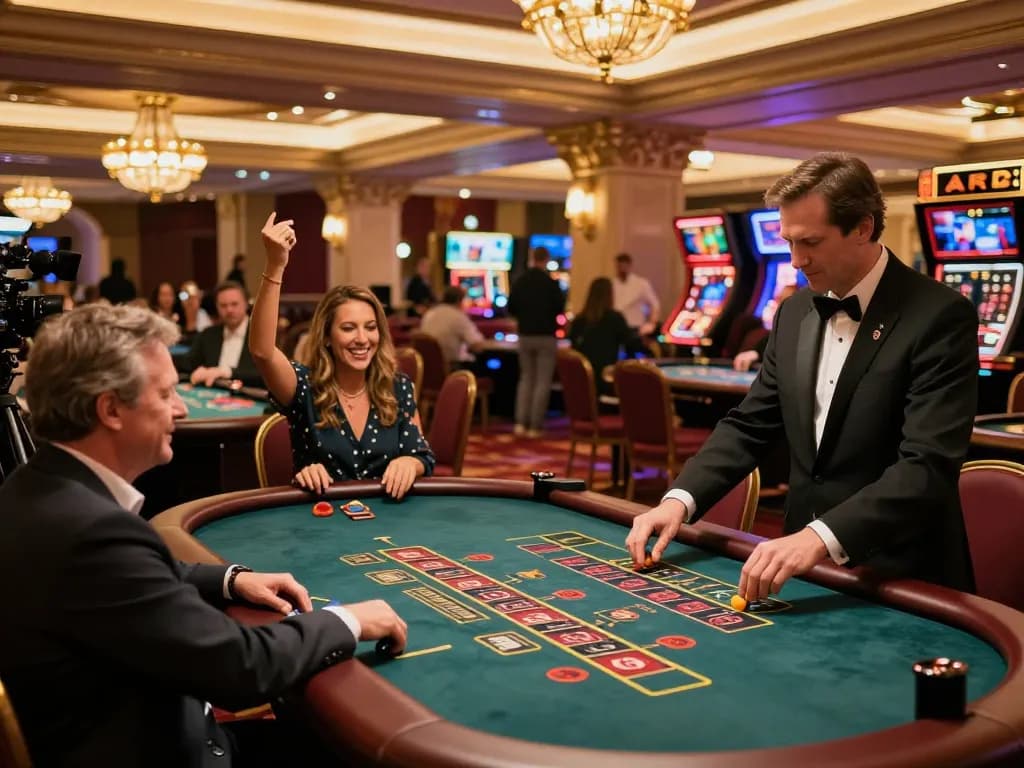 Download aplikasi mega888 while enjoying vibrant casino gameplay with players at blackjack and roulette tables.