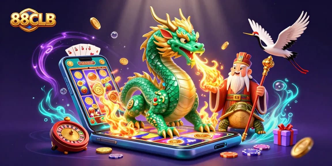 Engage in thrilling gameplay with 88CLB's vibrant 3D illustration featuring dragons and lucky symbols.
