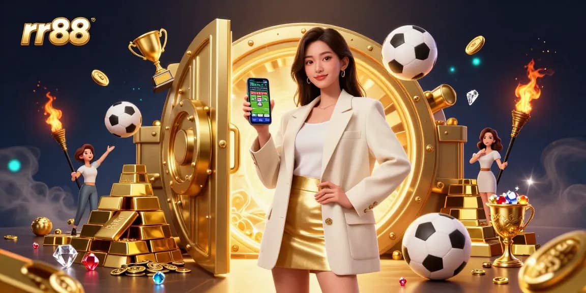 Experience thrilling bets at rr88 with a friendly Asian woman engaging in sports betting, surrounded by gold treasures.