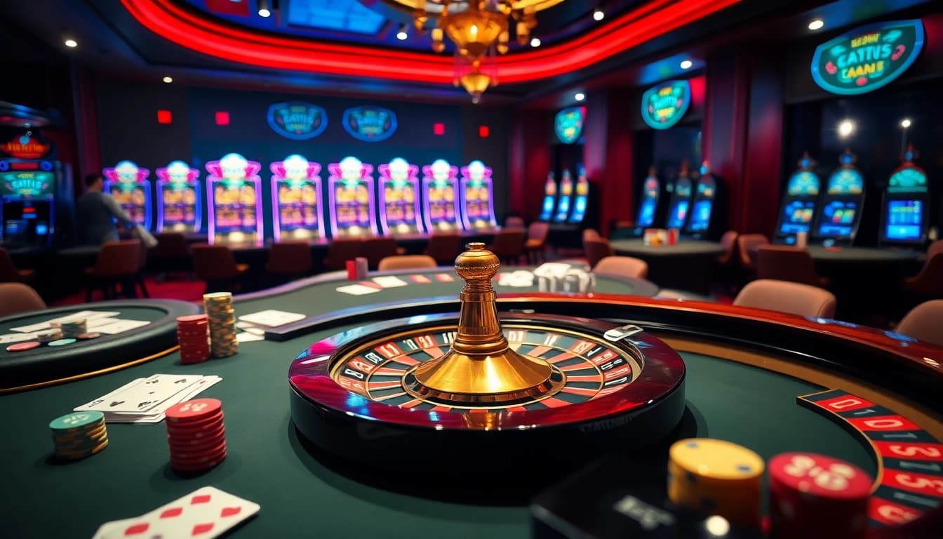 Exciting casino scene featuring Trang Chủ OK8386 with roulette and poker tables.