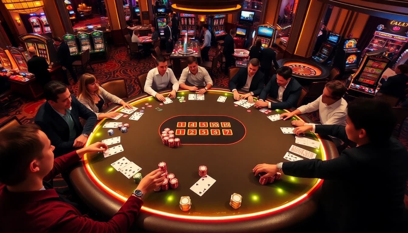 Players immerse in a thrilling poker game at https://vipwin.co.uk/, showcasing vibrant casino elements and excitement.