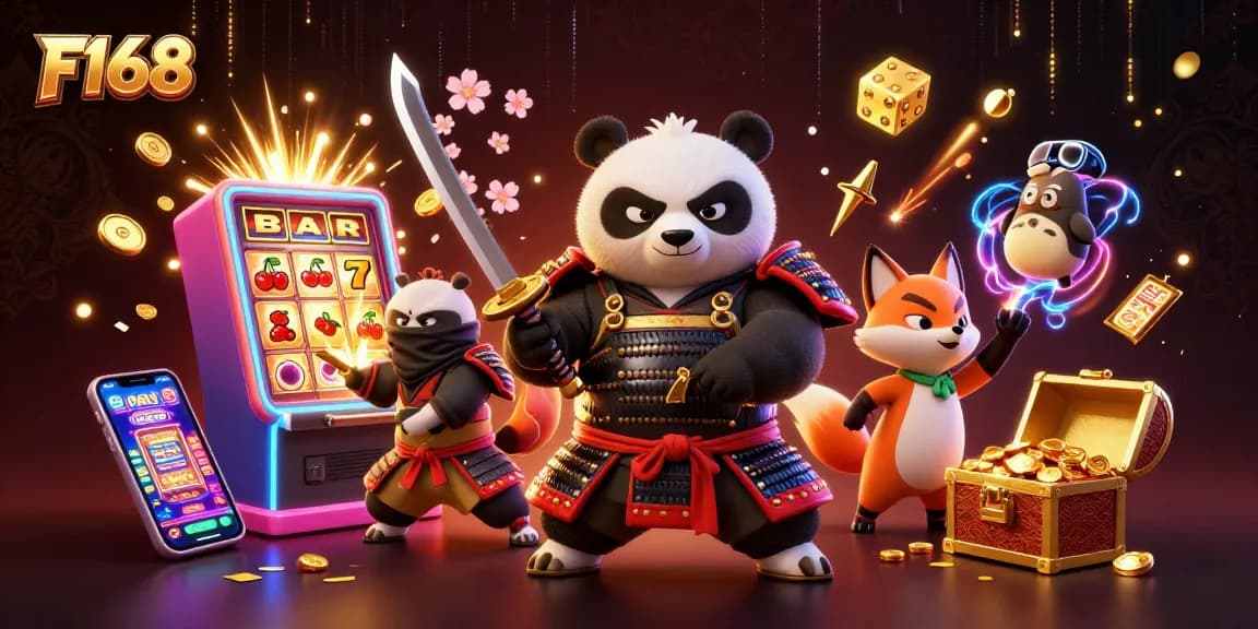 Experience the thrill with F168's 3D casino characters amidst slot explosions and vibrant gameplay.