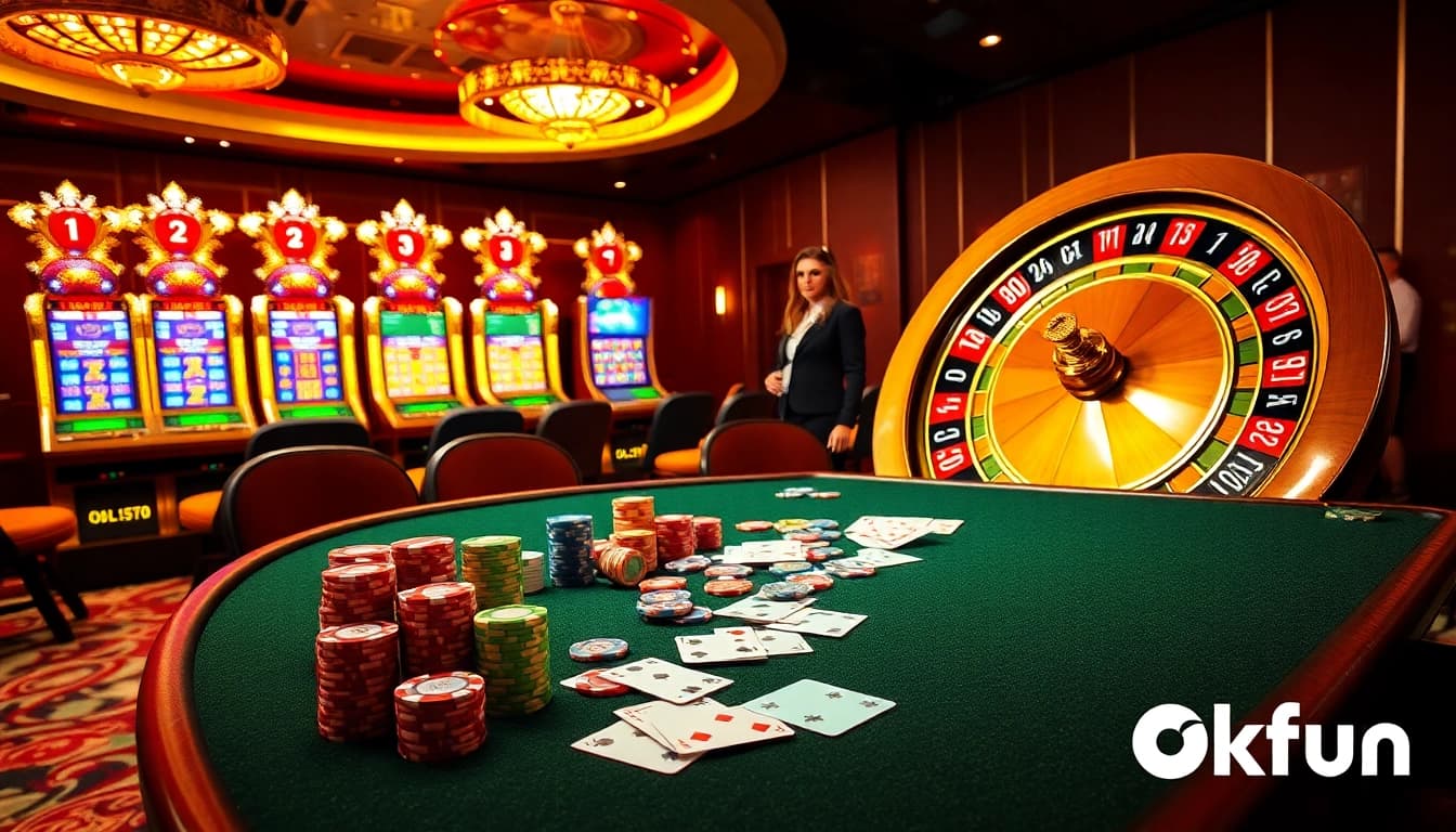 Experience the excitement of Okfun's casino with vibrant slot machines and an elegant poker table.