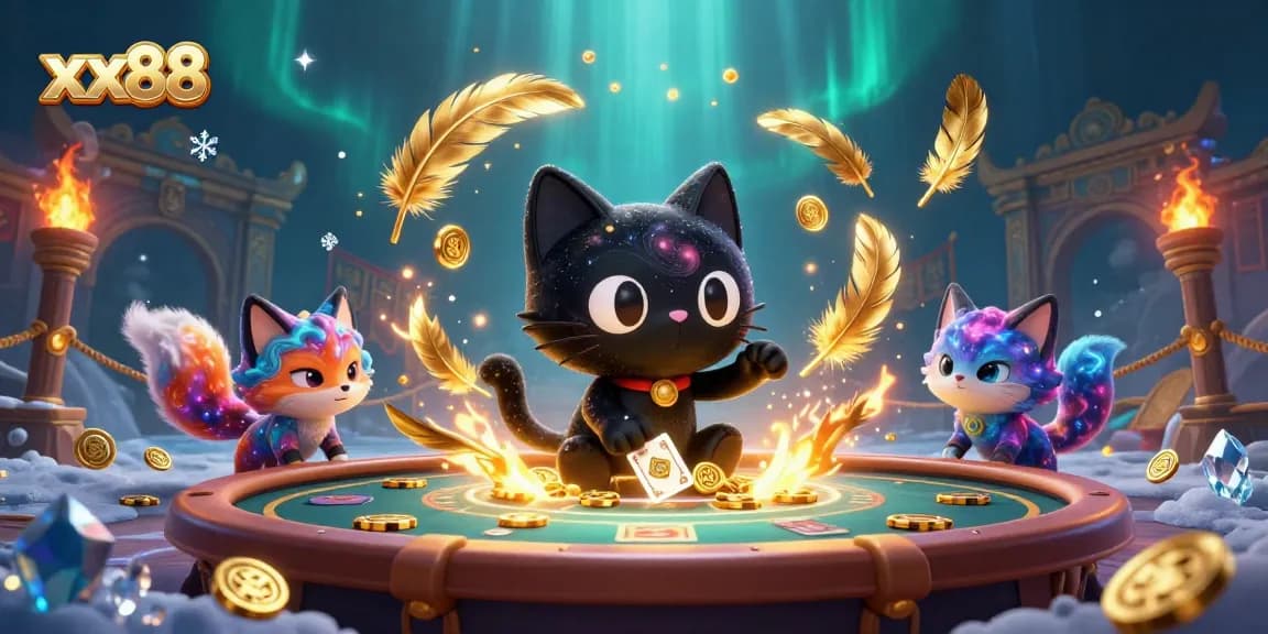 Join the cosmic gambling action at xx88 with a black hole cat pulling in chips at a celestial casino!