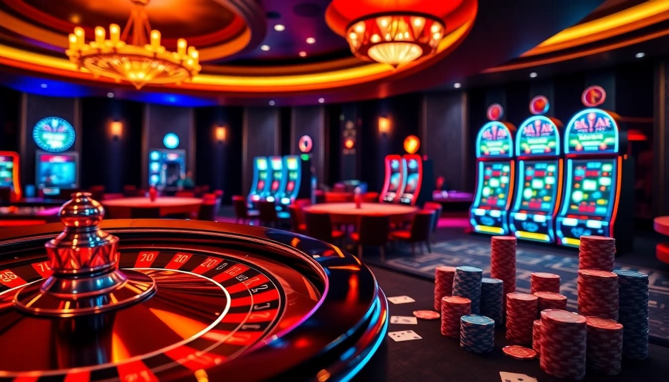Experience the excitement at nohu90's vibrant online casino with glowing slot machines and roulette tables.
