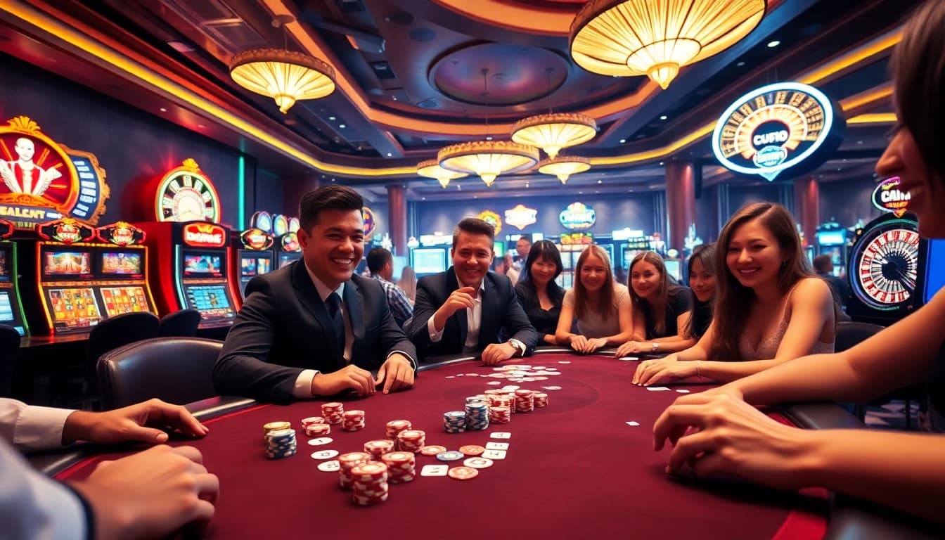 Engaged players at a poker table and exciting casino atmosphere on https://69vn39.com/
