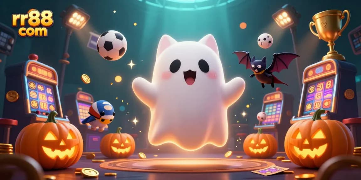 Experience thrilling wins at rr88 com in a vibrant casino scene featuring floating ghost cat and vampire bat