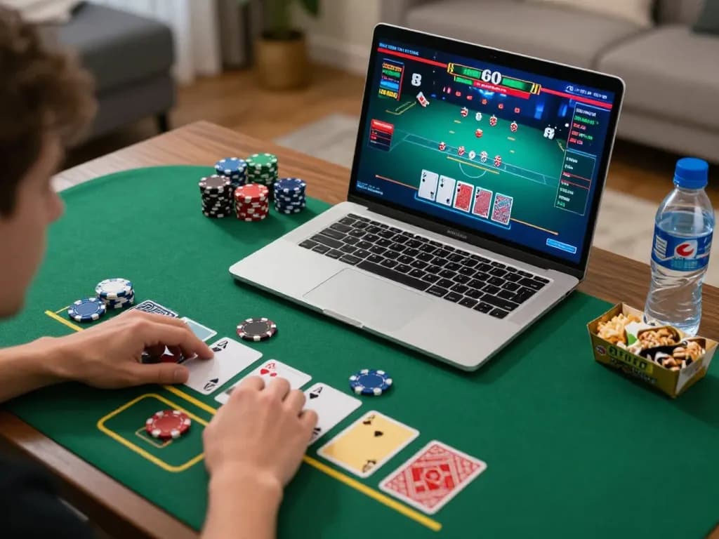 Engaging in a strategy-focused KUWIN online blackjack game on a laptop at home