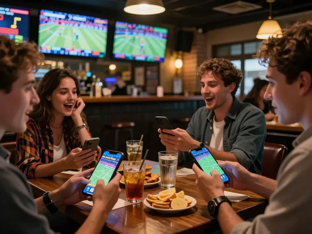 Engaging patrons in sports betting using keo nha cai apps, vibrant social atmosphere.