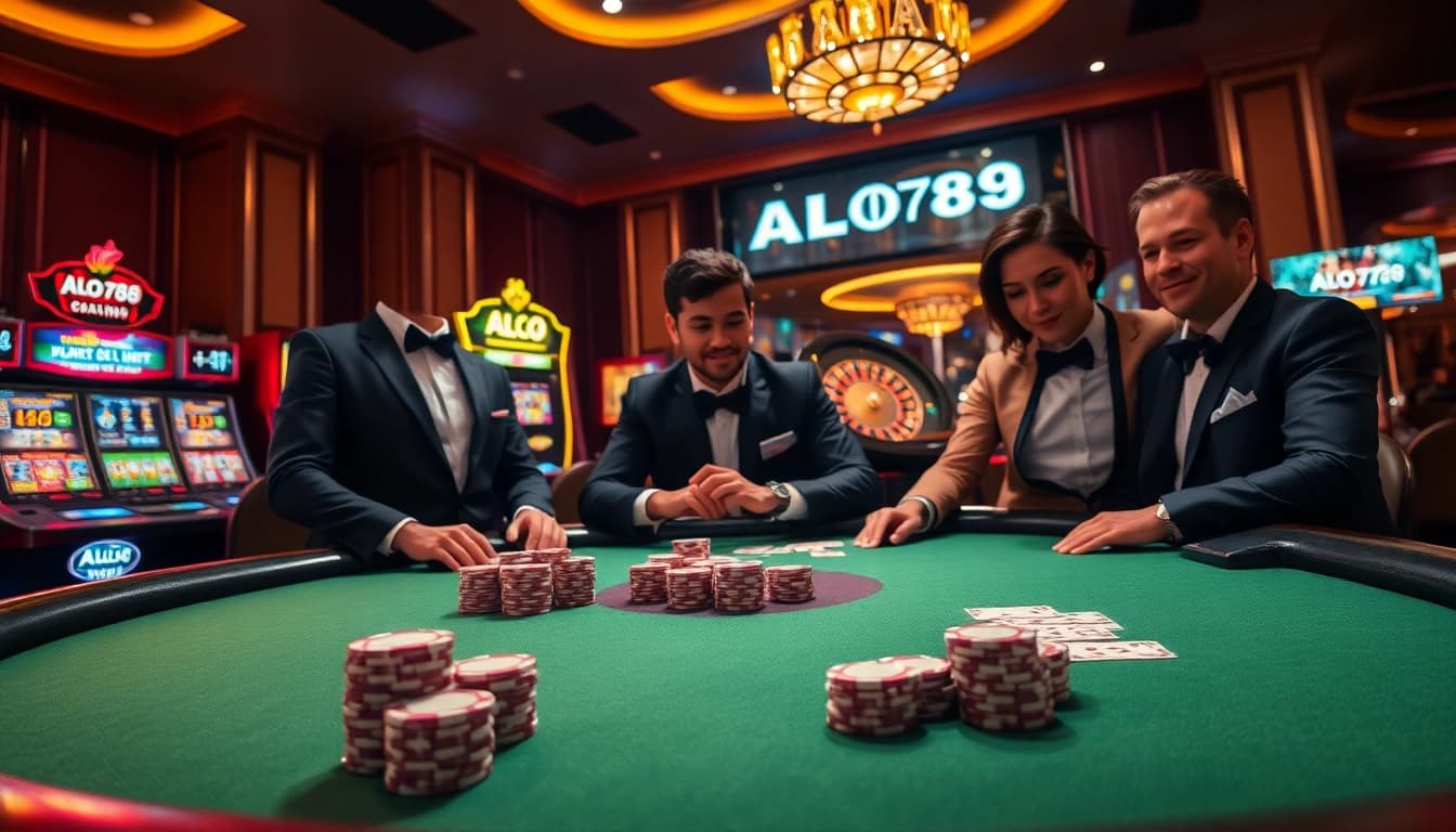 Engage in thrilling poker at Alo 789, showcasing high-stakes excitement with vibrant casino elements.