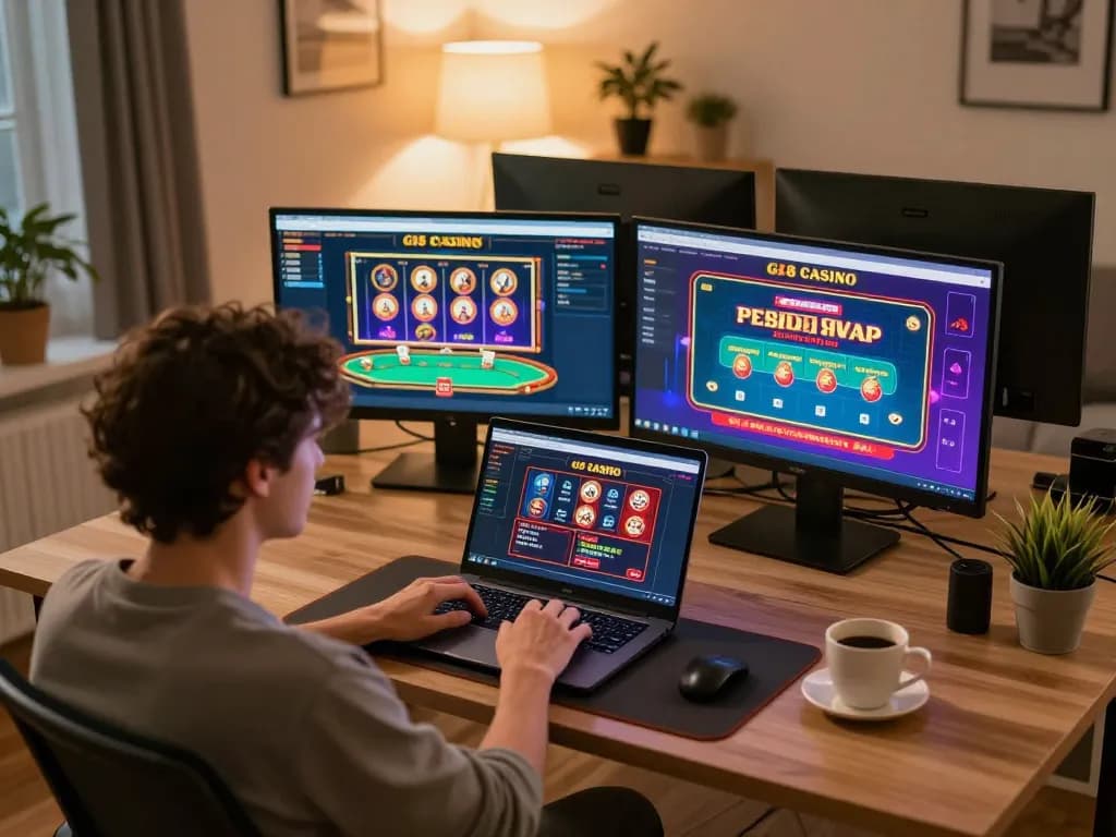 Engage in exciting online gaming with GI8 on a laptop, showcasing various casino games and a cozy environment