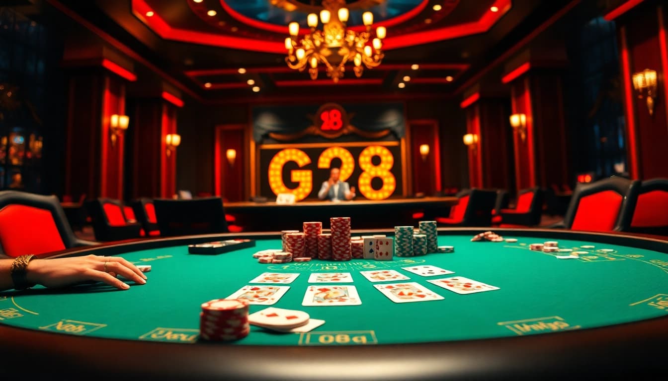 Experience thrilling gameplay at G28 with vibrant casino table action and poker chips.