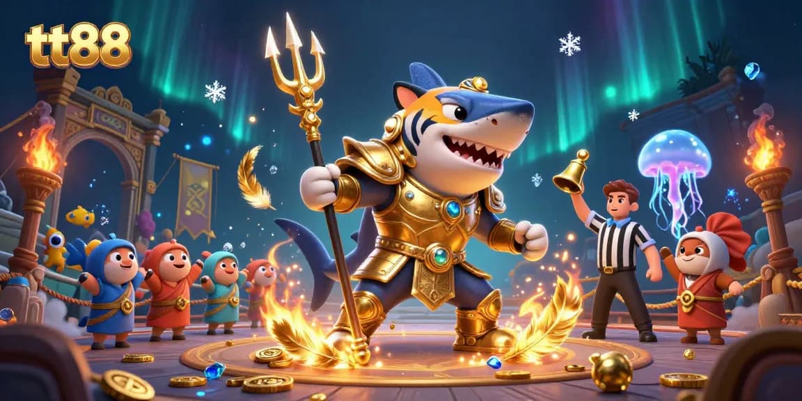 Experience thrilling gameplay with tt88 in an underwater casino scene featuring an armored shark and cheering fish.