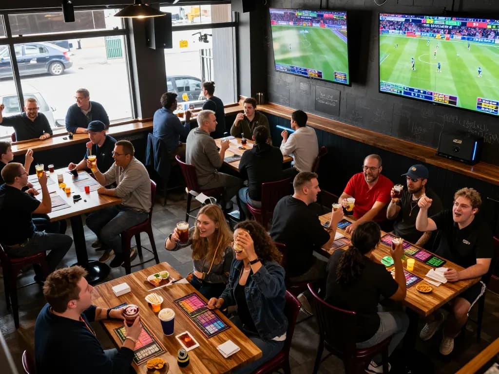 Engaged bettors placing wagers in a sports bar, showcasing debet and excitement during live games.