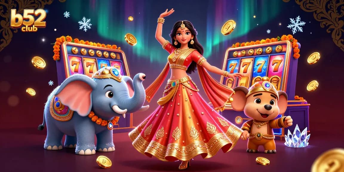 b52club offers an exciting casino experience with vibrant slot reels and a lively Asian dancer illustration.