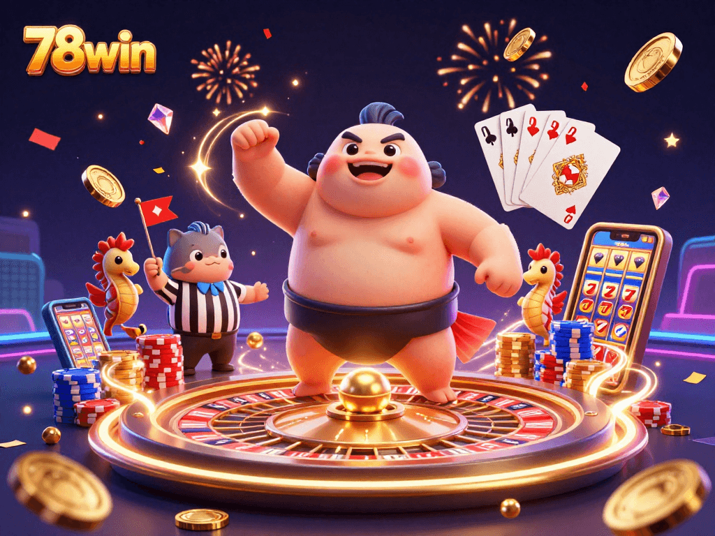 Experience the thrill of 78win with engaging 3D casino-themed characters and vibrant elements.