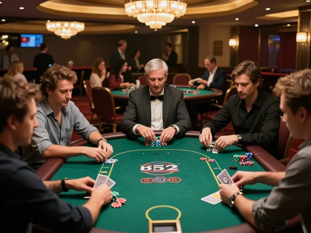B52 poker game in action with players engaged and colorful chips visible