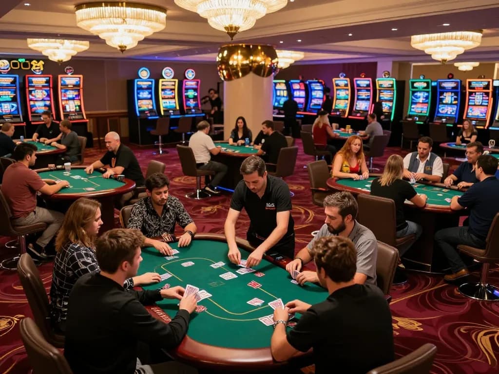 Players engage in strategic gameplay at 999bet poker tables amidst a bustling casino environment.