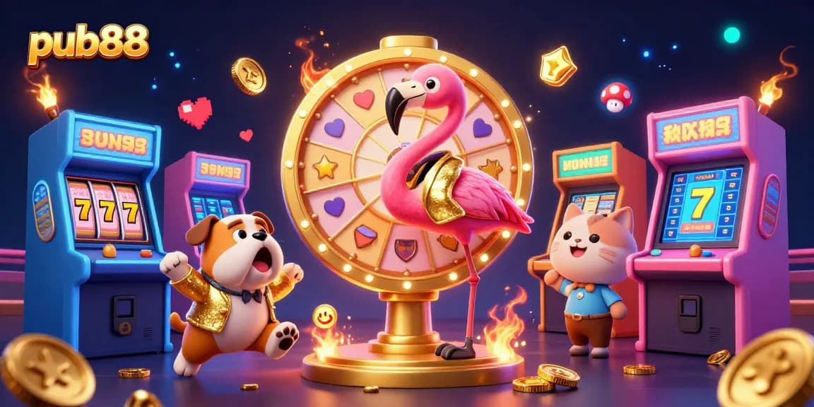 Spin the giant prize wheel at pub88 with excitement from the bulldog contestant amidst colorful casino elements.