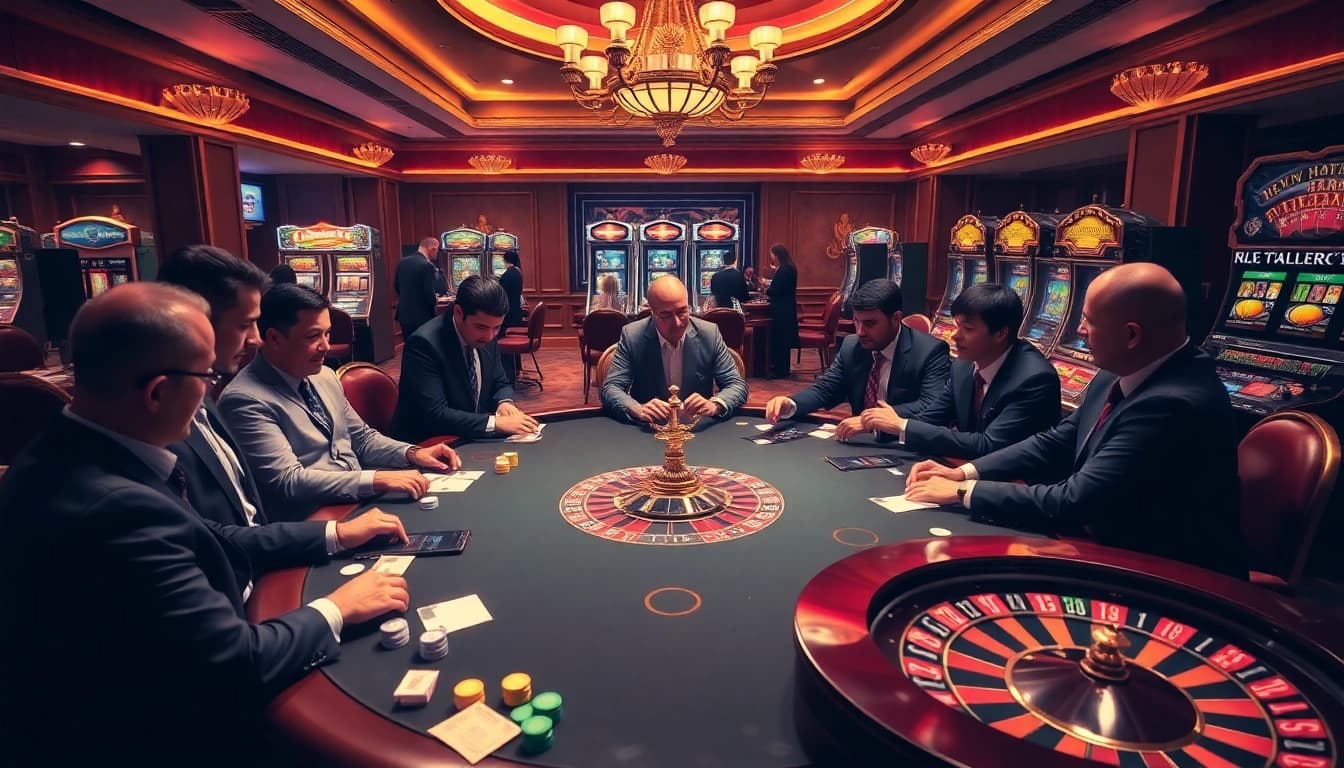 Engage with the excitement of gambling at https://fabet.blog/ featuring a vibrant casino scene with poker, roulette, and slots.