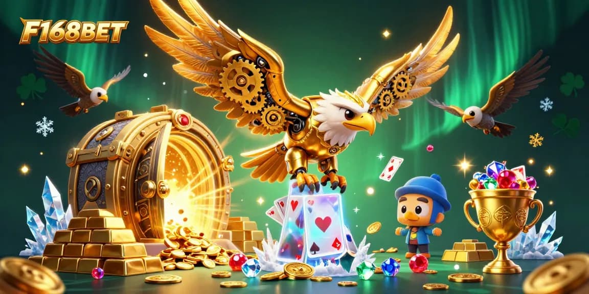 Experience exhilarating gaming with F168BET's vibrant 3D illustration of a cybernetic eagle amidst winning treasures.