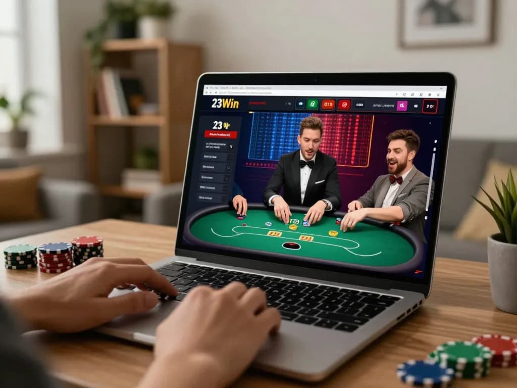 Active player enjoying a thrilling poker game on 23Win platform from home office