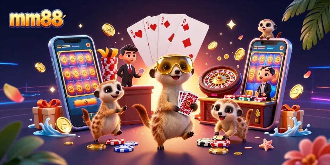 Experience excitement at the mm88 casino with dynamic meerkats managing the games, surrounded by vibrant slot action.