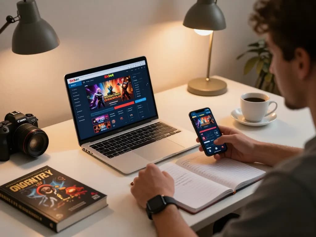 Player engaging with the 8xbet casino app on a laptop, surrounded by betting strategy materials in a cozy home environment.