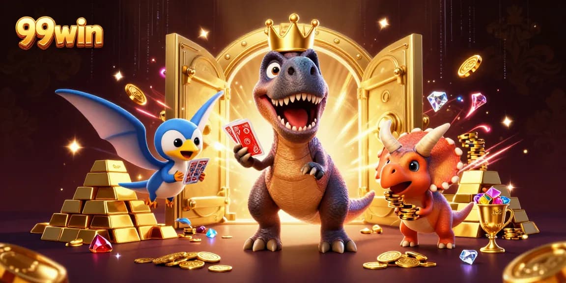 Experience thrilling gameplay with 99win as the T-Rex tries to shuffle cards in a vibrant casino.