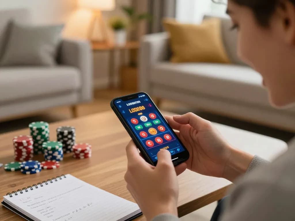 Person enjoying LODE88 mobile app for online gambling amidst cozy home decor with chips and notes.